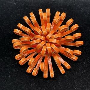 Vintage MCM Orange Enamel Ribbon Burst Brooch Atomic Starburst Pin